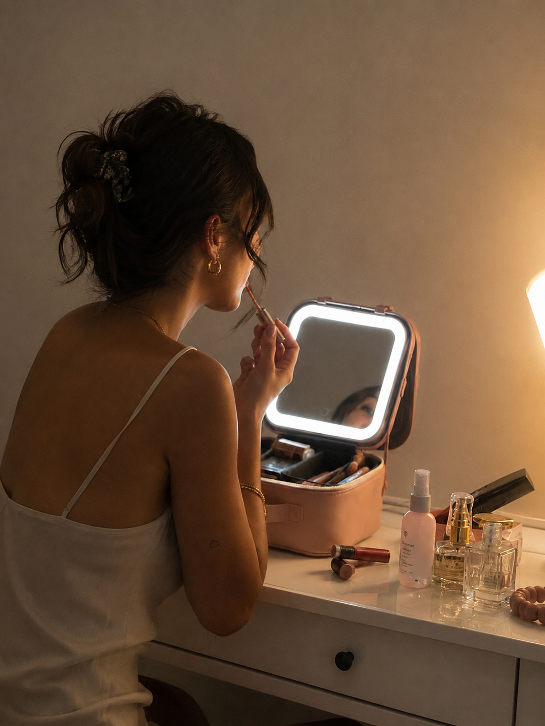 A women getting ready infront to a pink makeup bag mirror